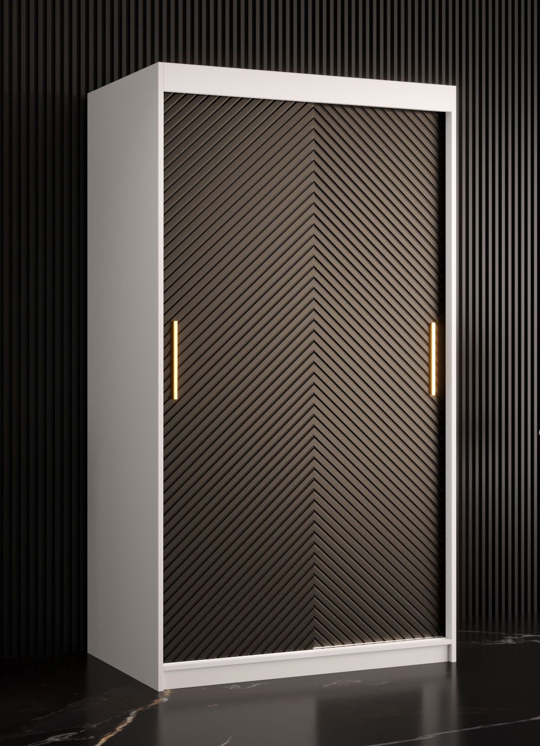 Eleganter Kleiderschrank Balmenhorn 02, Farbe: Weiß matt / Schwarz matt - Abmessungen: 200 x 100 x 62 cm (H x B x T), mit fünf Fächern und zwei Kleiderstangen