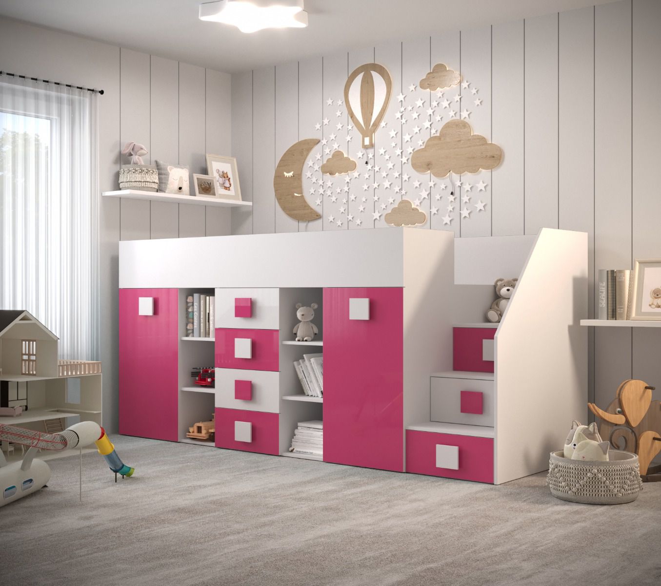 Robuust functioneel bed / kinderbed, trap: rechts, Jura 71, kleur: wit / roze, ligoppervlak: 90 x 200 cm, moderne stijl, 12 vakken