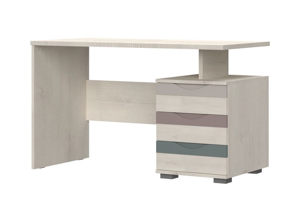 Modern bureau voor kinderkamer / jeugdkamer Peter 11, kleur: dennenwit / beige / roze / blauw, met drie laden, afmetingen: 75 x 125 x 60 cm