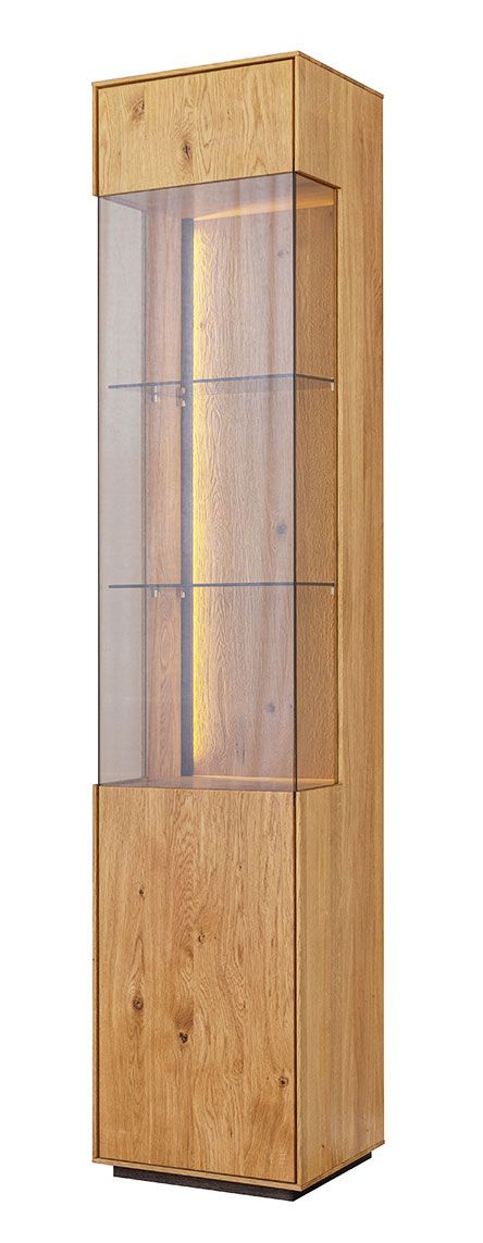 Vitrinekast Sienne 02 deurscharnier rechts, 205 x 43 x 37 cm, incl. LED-verlichting, geborsteld hout, in geolied wild eiken, getint glas, 1 deur, 5 legplanken