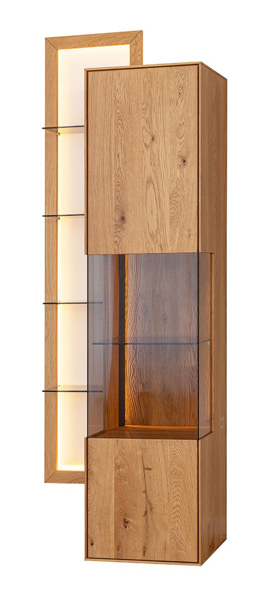 Hangkast Sienne 04 met 1 deur, getint glas, massief wild eiken, push-to-open, 8 legplanken, incl. LED-verlichting, 175 x 73 x 37 cm, geborsteld hout