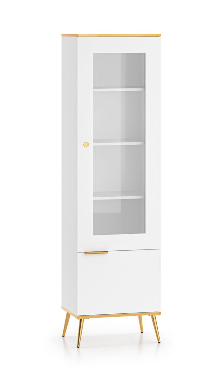 Elegante vitrinekast met soft-close systeem Breckenridge 02, kleur: wit, comfortabel en tijdloos, afmetingen: 195 x 55 x 40 cm, met 2 deuren en 5 vakken