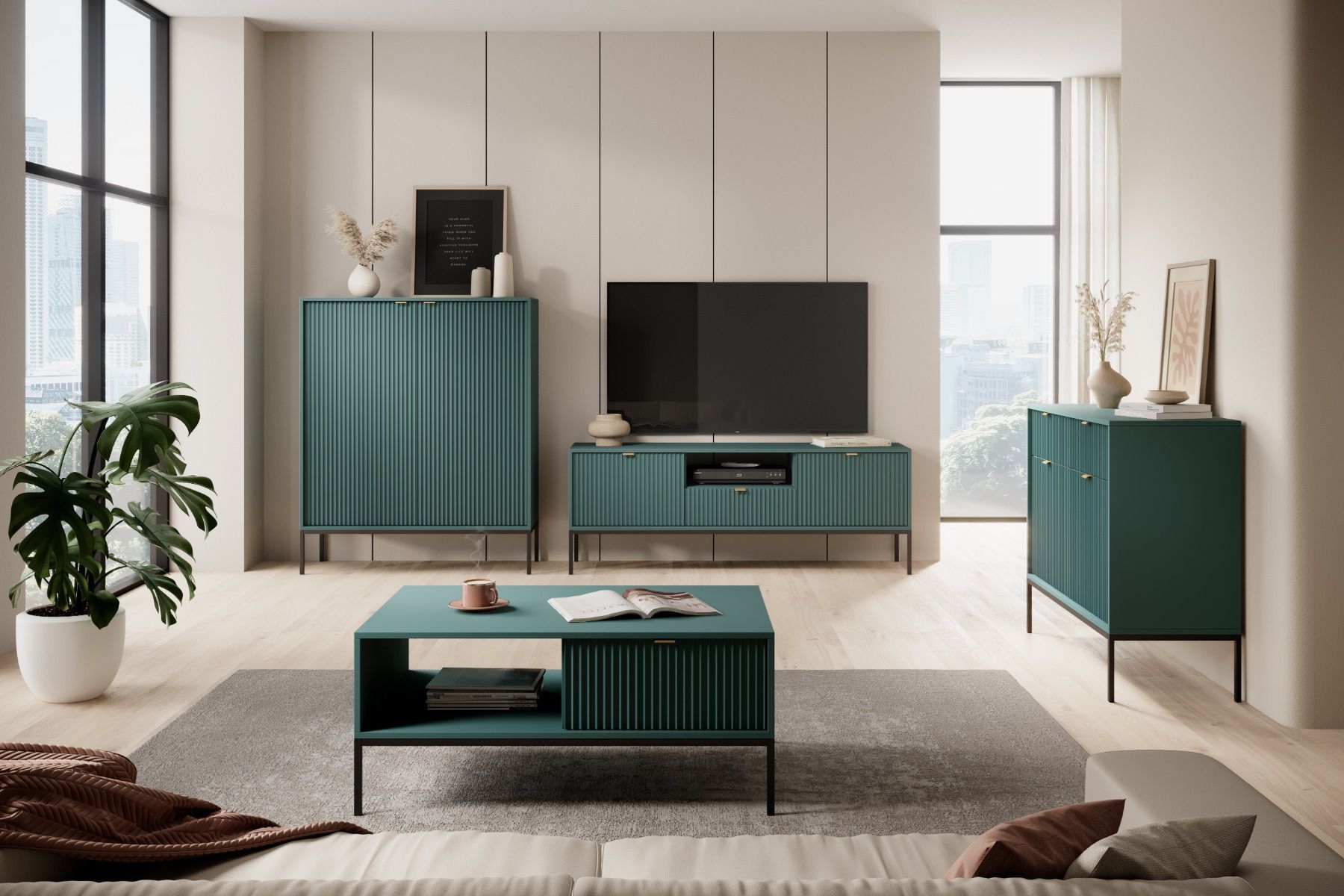 Woonkamer set A Worthing, 4-delig, kleur: turquoise / zwart / goud