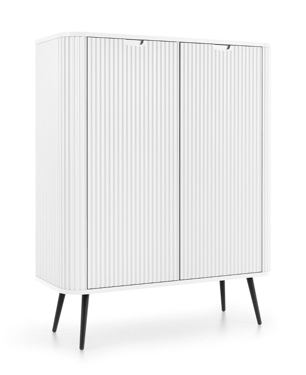 Witte ladekast Makreb 13, zwarte metalen poten, 129 x 103 x 39 cm, 6 vakken, 2 deuren, soft close systeem, ABS randbescherming, woonkamer, slaapkamer