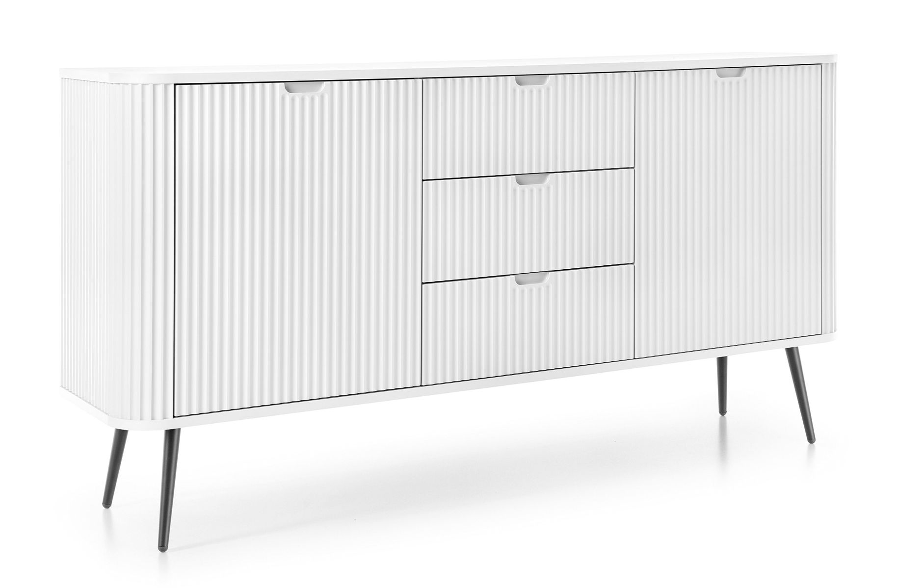 Witte ladekast Makreb 07 met 3 laden, 87 x 168 x 61,5 cm, zwarte metalen poten, gefreesd front, soft close, 4 vakken, 2 deuren, ABS 