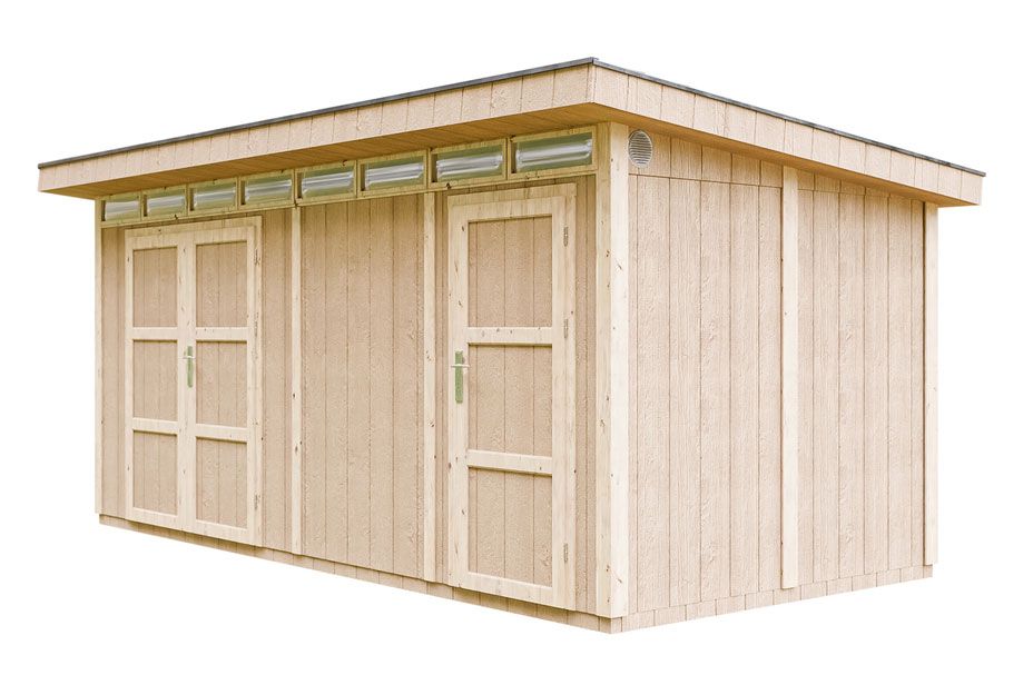 Berging / schuur Waldenstein met 1 dubbele deur en 1 enkele deur, inclusief vloer en dakshingles, bruikbare oppervlakte: 11,5 m², kleine ramen, 236 x 486 cm