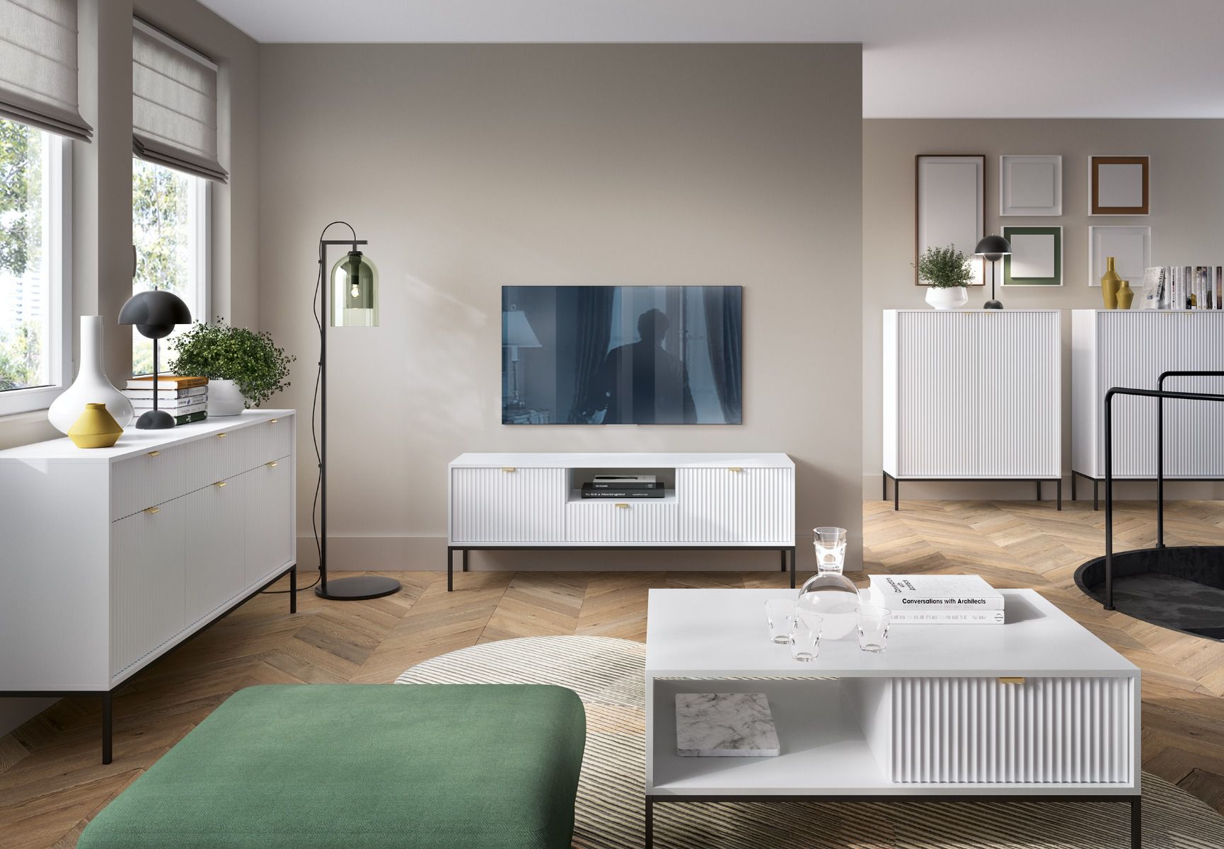 Woonkamer compleet set D Worthing, 5-delig, kleur: wit / zwart / goud