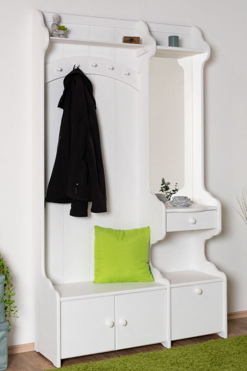 Grote witte kledingkast 29B met spiegel massief dennenhout, 200 x 114 x 37 cm, 5 haken, 1 lade, zeer ruim, praktische opbergruimte, afwerking van hoge kwaliteit