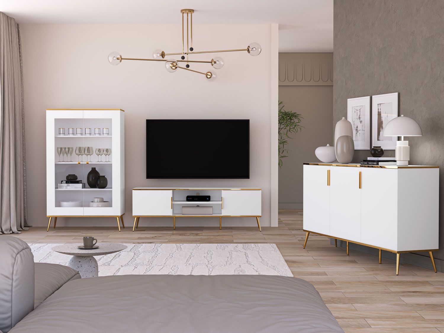 Moderne woonkamer complete set A Breckenridge, met soft-close functie, 3-delig, kleur: wit, handgrepen & poten: goud, gemaakt van hoogwaardig materiaal