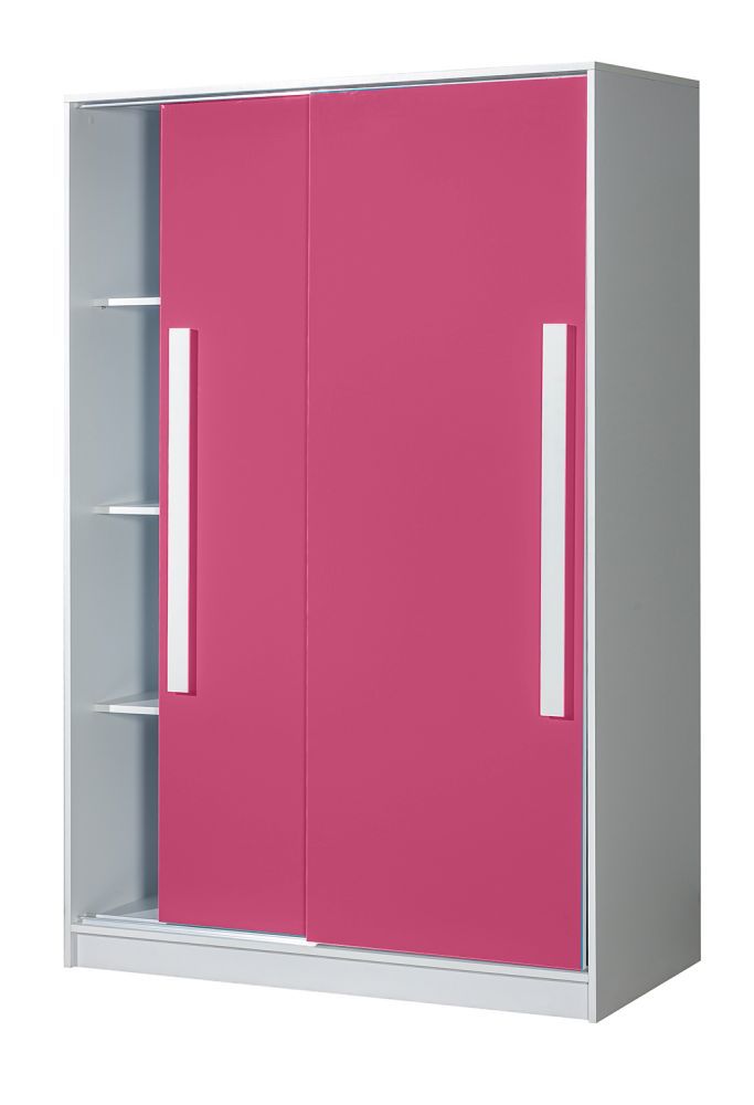 Kinderkamer - schuifdeurkast kledingkast Walter 12, kleur: wit / roze hoogglans - 191 x x 60 cm (H x B x D)
