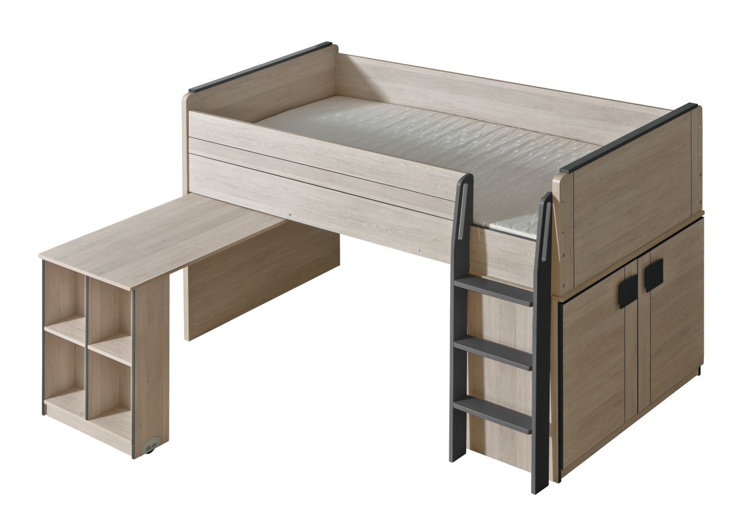 Functioneel bed / / hoogslaper - combinatie met beddenlade en bureau Elias 15, kleur: lichtbruin / grijs - ligvlak: 90 x 200 cm (B x L)