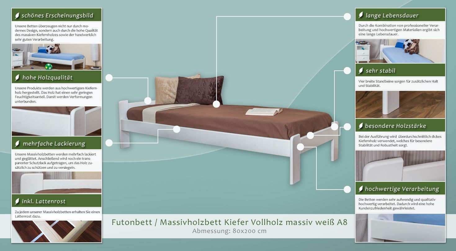 Mok Dierentuin basketbal Futonbed / , vol hout, bed massief grenen wit gelakt A8, incl. lattenbodem  - afmetingen: 80 x 200 cm