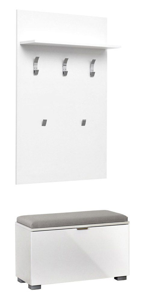 Beide organiseren Fondsen garderobe / kapstok met bankje Sabadell 04, kleur: wit / wit hoogglans -  209 x 80 x 38 cm (h x b x d)