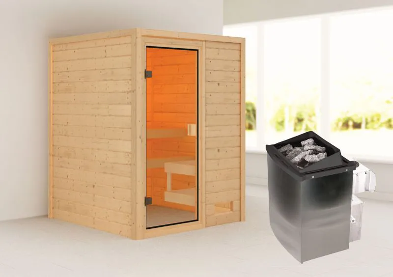 Sauna "Eivind" SET met bronskleurige deur - kleur: natuur, kachel 9 kW - 145 x 145 x 187 cm (B x D x H)